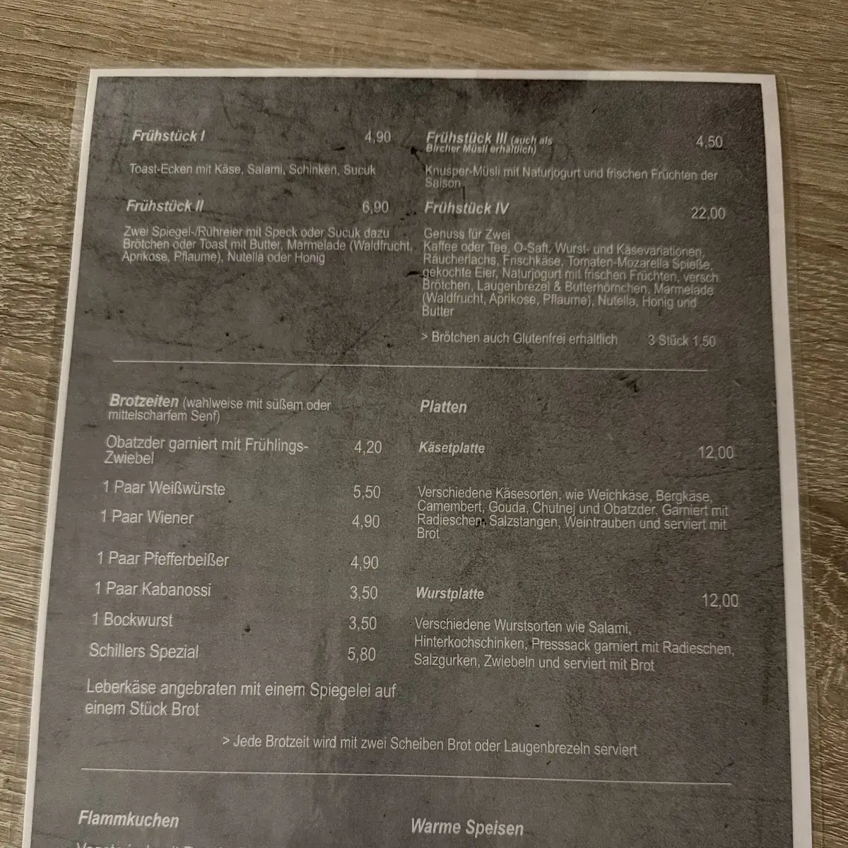 Speisekarte, Schillers Biergarten & Café