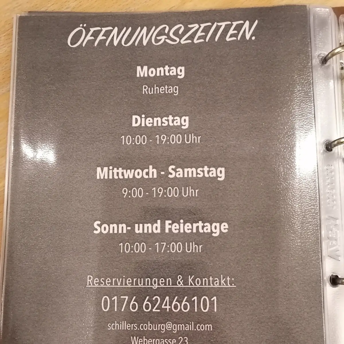 Speisekarte, Schillers Biergarten & Café