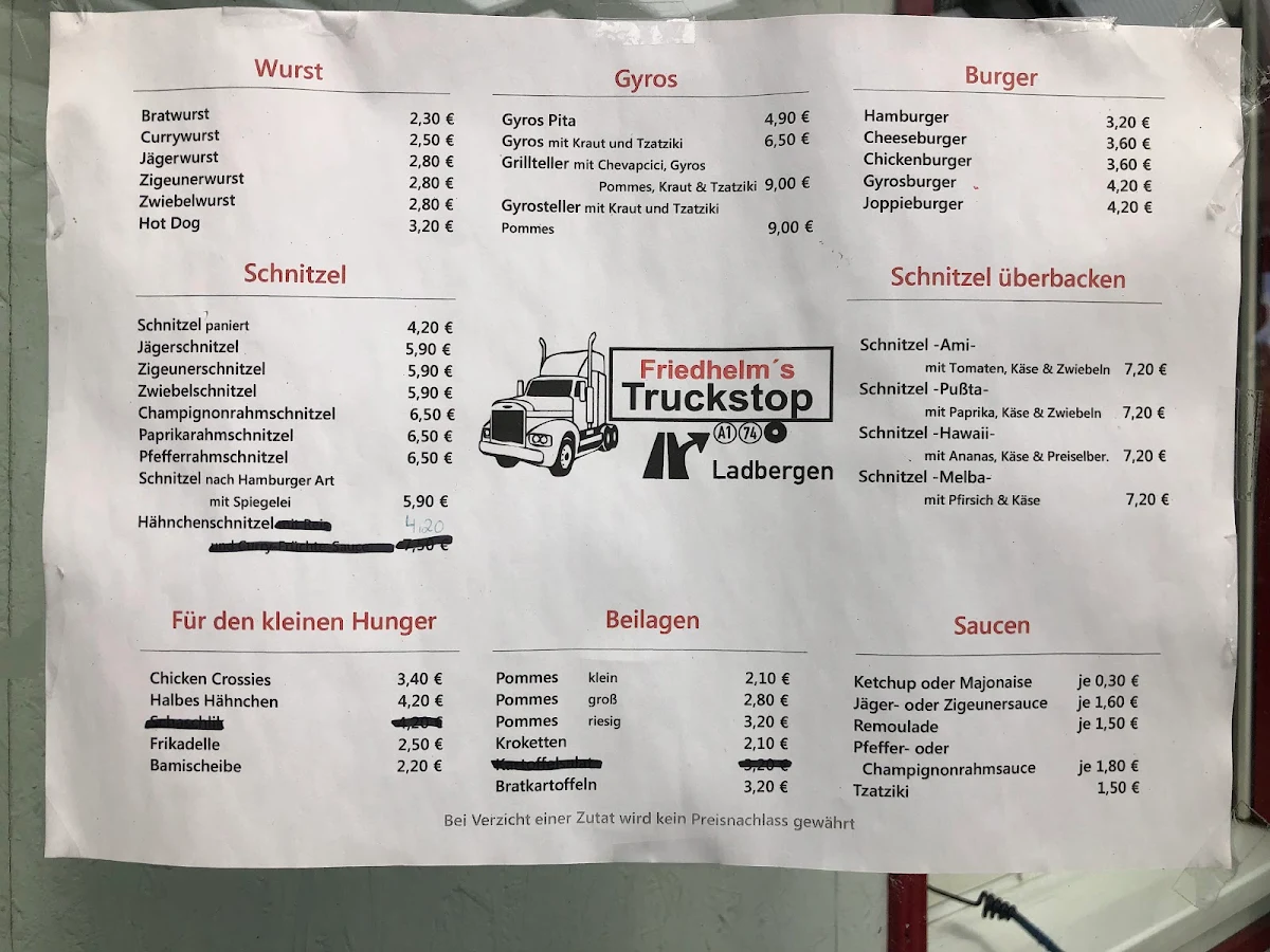 Speisekarte, Friedhelms Schnellrestaurant GmbH