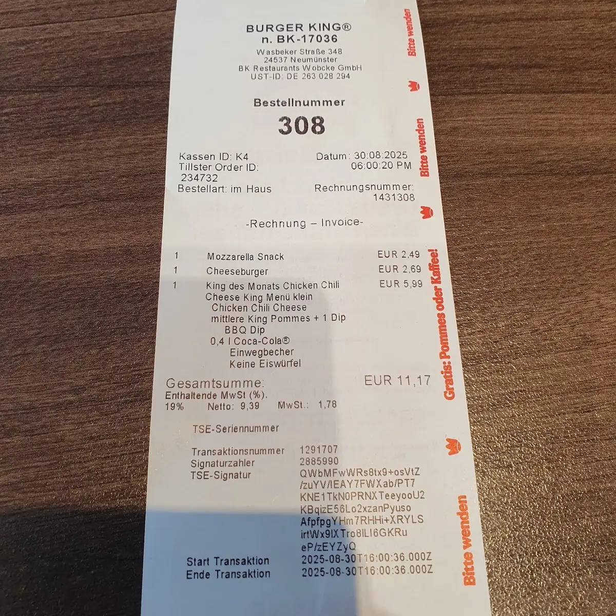 Speisekarte, Burger King Neumünster