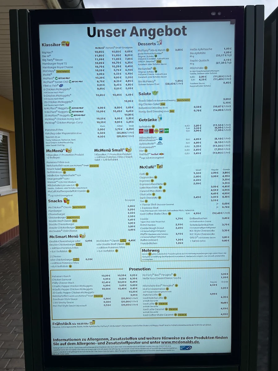 Speisekarte, McDonald's Restaurant Homberg (Efze)