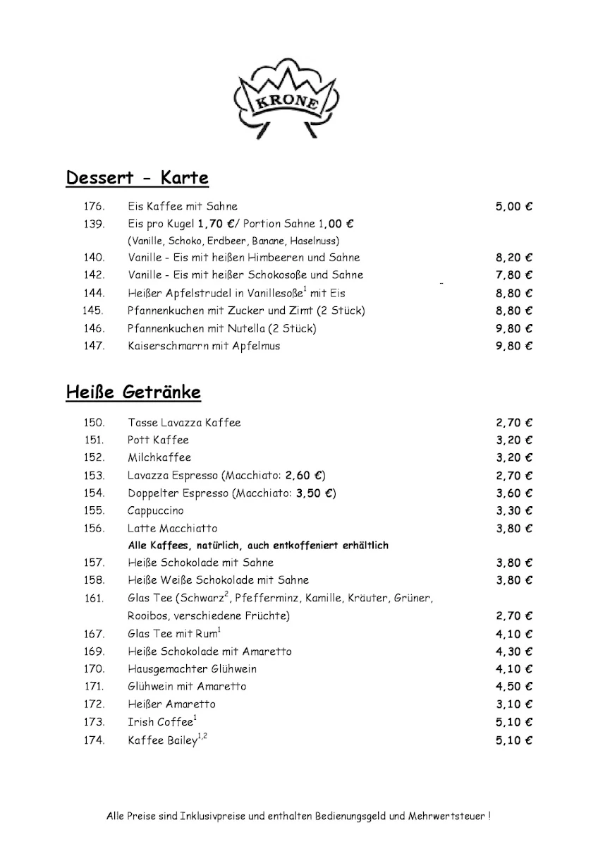 Speisekarte, Krone-Diedesheim