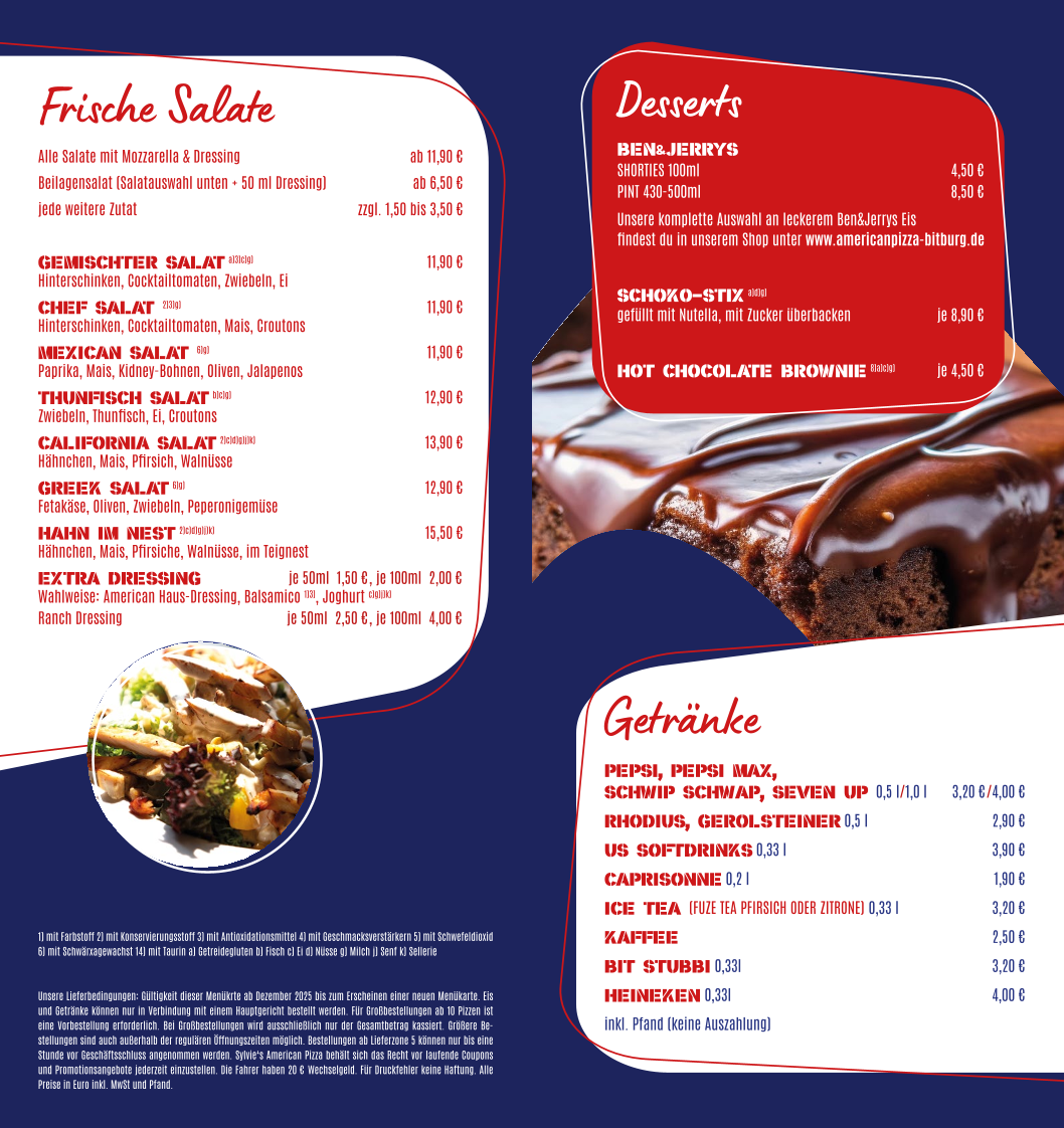 Speisekarte, Sylvie's American Pizza