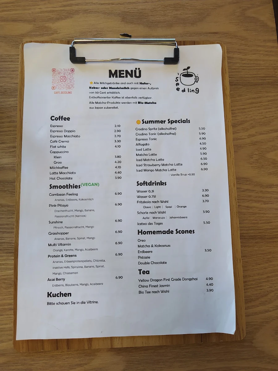 Speisekarte, Café Seedling