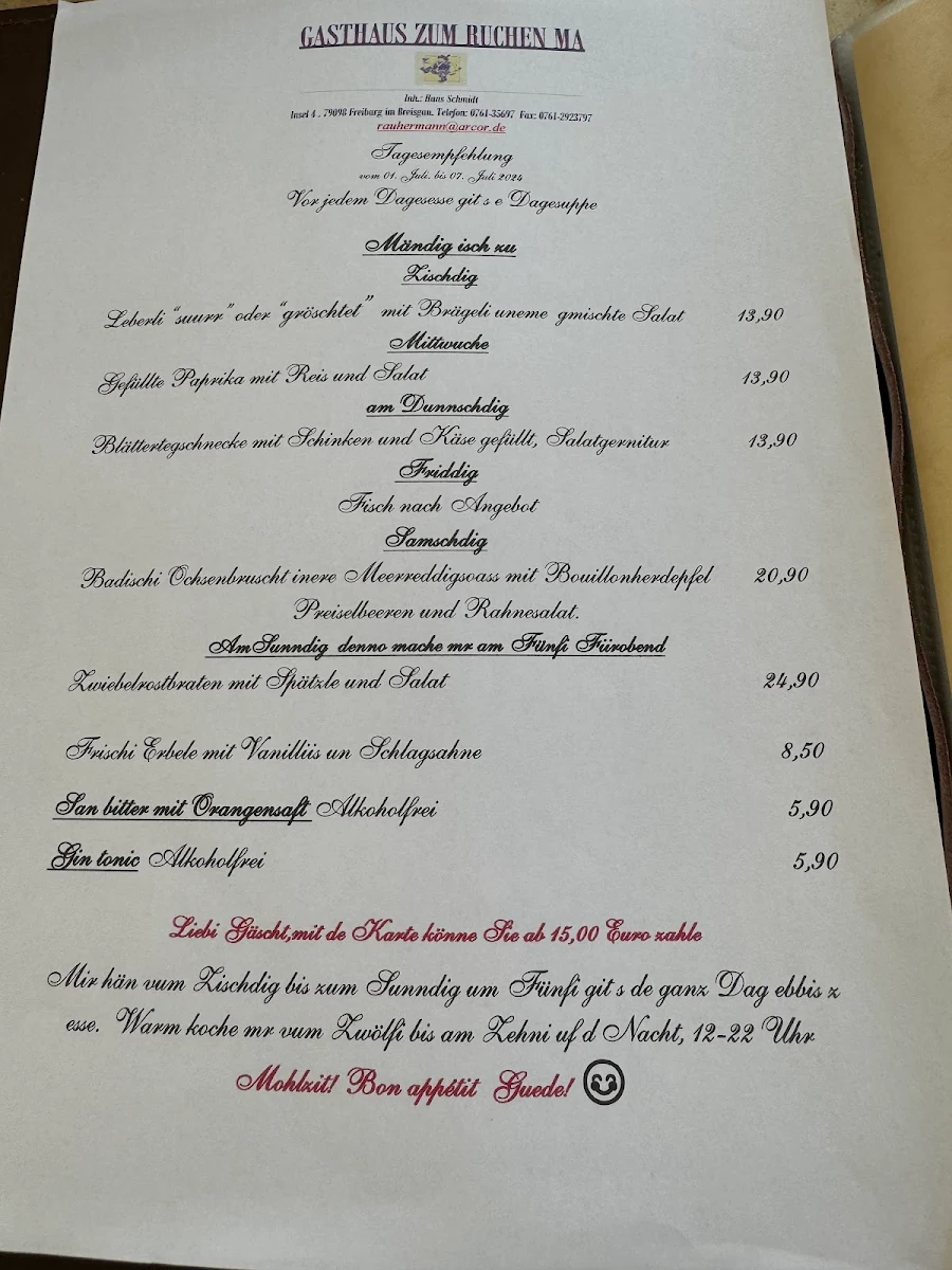 Speisekarte, Gasthaus zum Rauhen Mann