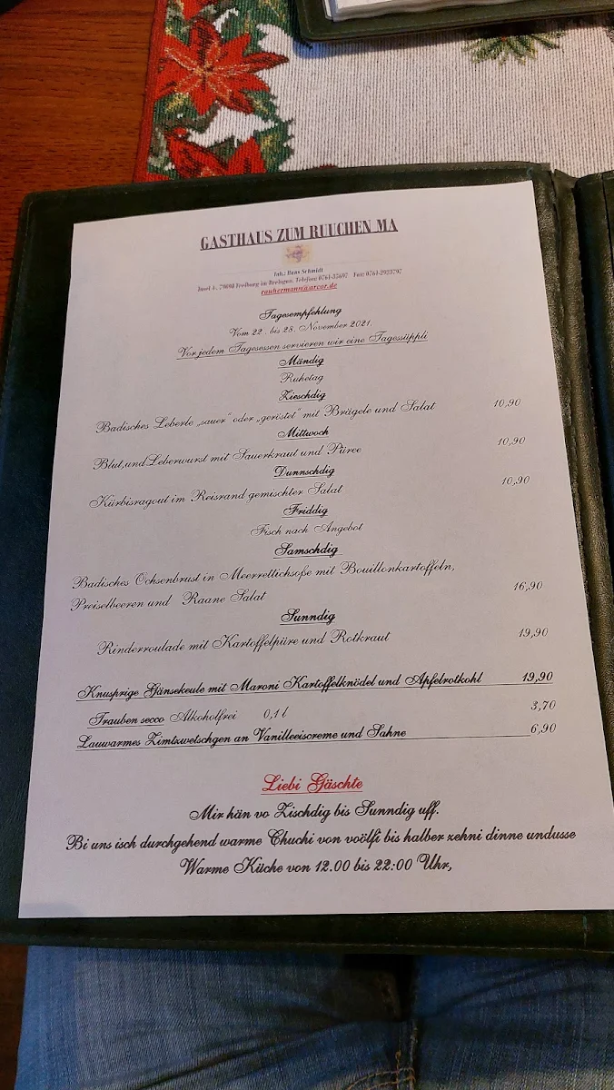 Speisekarte, Gasthaus zum Rauhen Mann