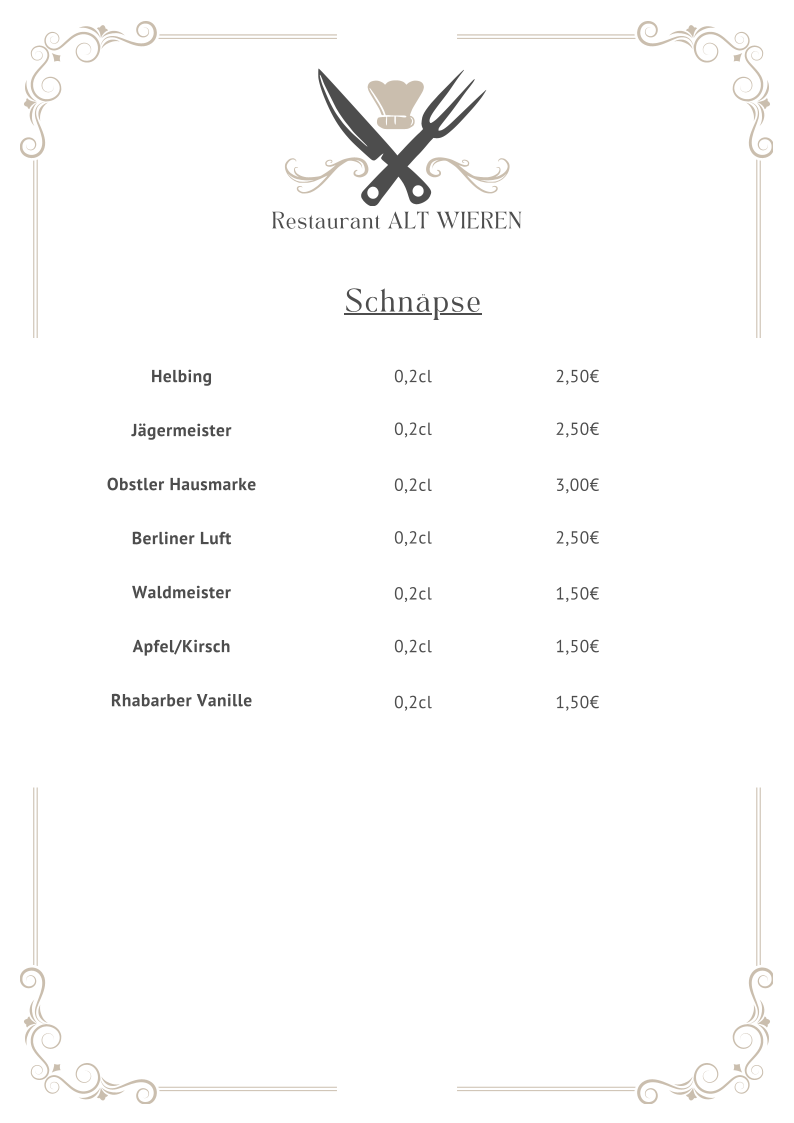 Speisekarte, Landgasthof Alt Wieren
