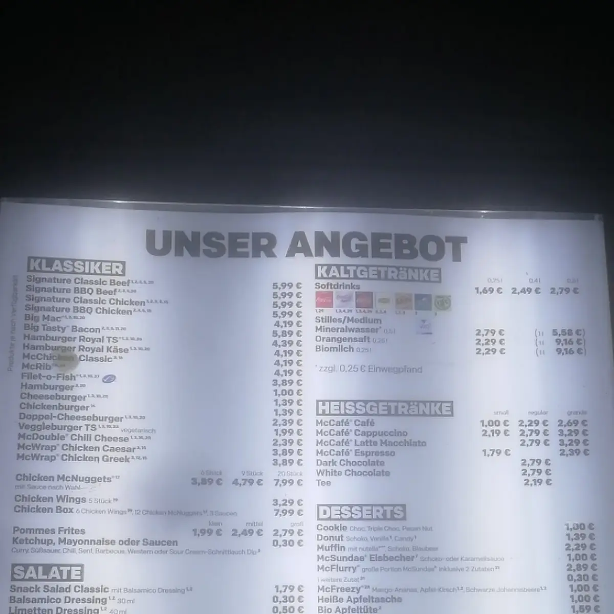 Speisekarte, McDonald's