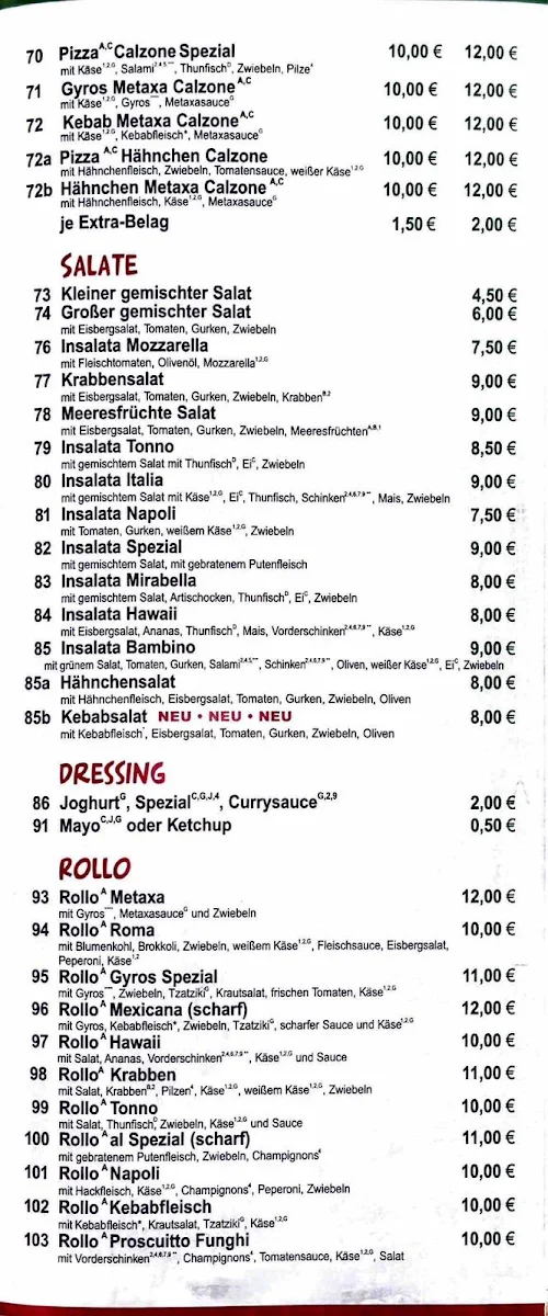 Speisekarte, Pizzeria Napoli