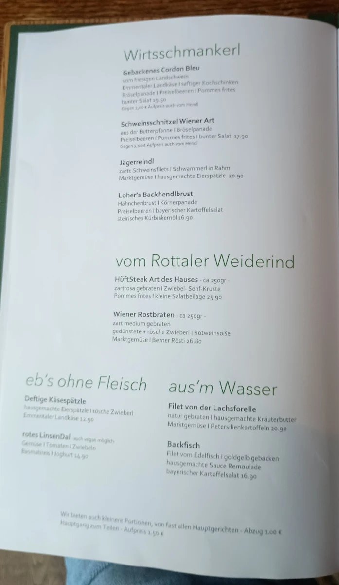 Speisekarte, Restaurant Gasthof Loher