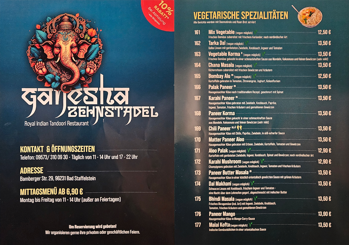 Speisekarte, Ganesha Indisches Restaurant