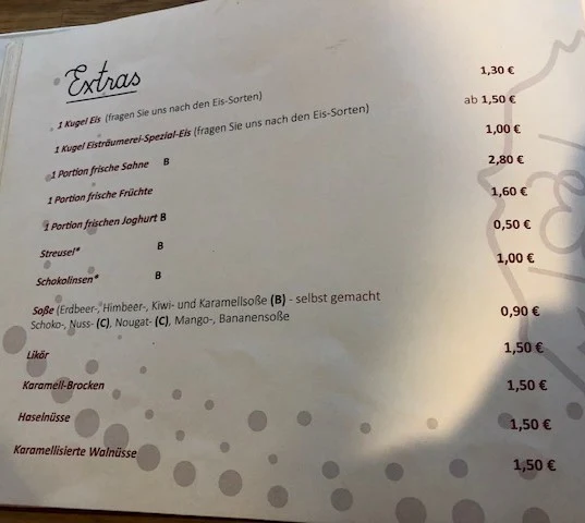 Speisekarte, Café Eisträumerei