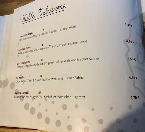 Speisekarte, Café Eisträumerei