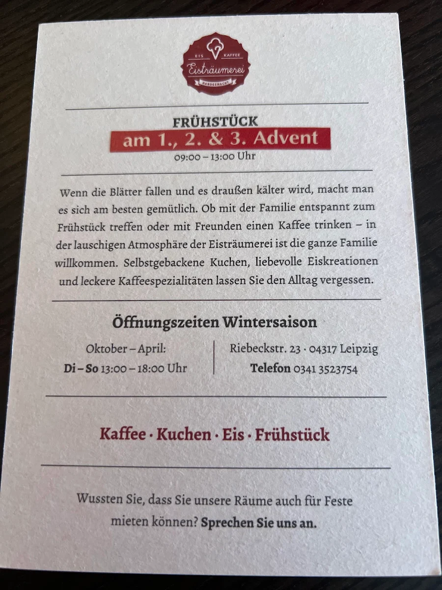 Speisekarte, Café Eisträumerei