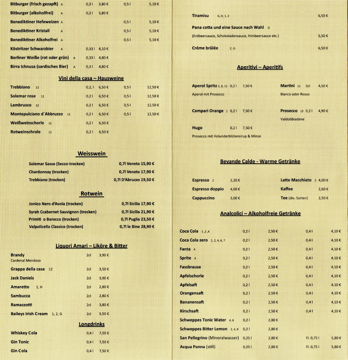 Speisekarte, Trattoria da Giuseppe e Salvatore