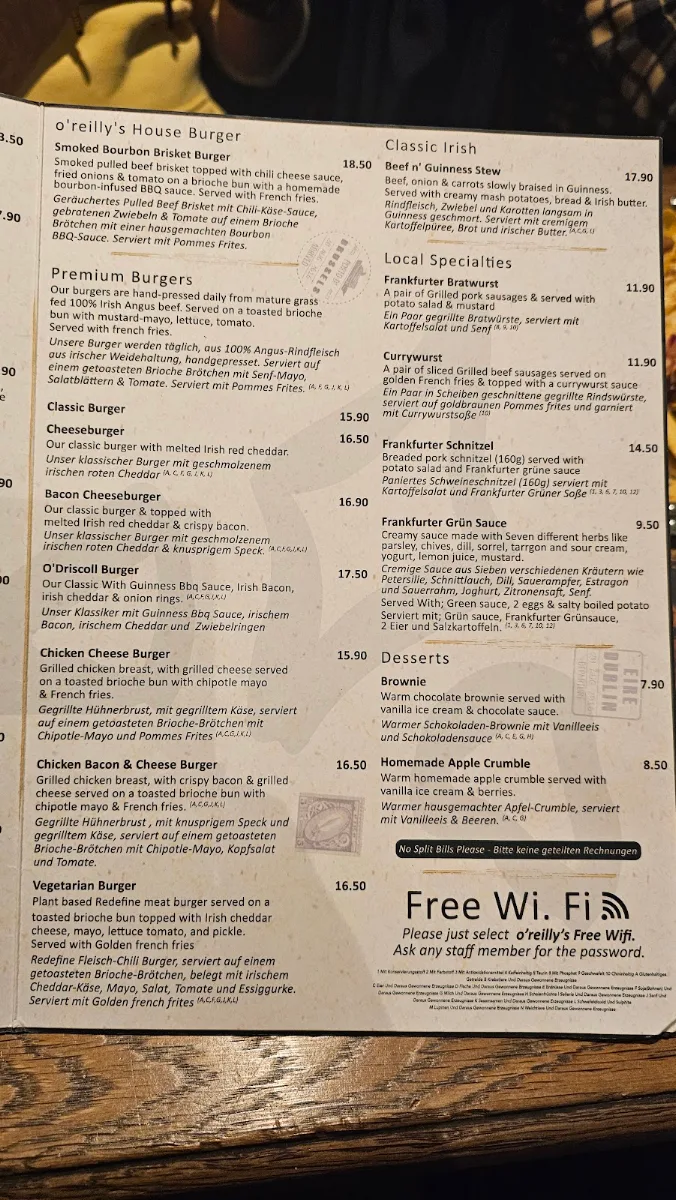 Speisekarte, o'reilly's Irish pubs