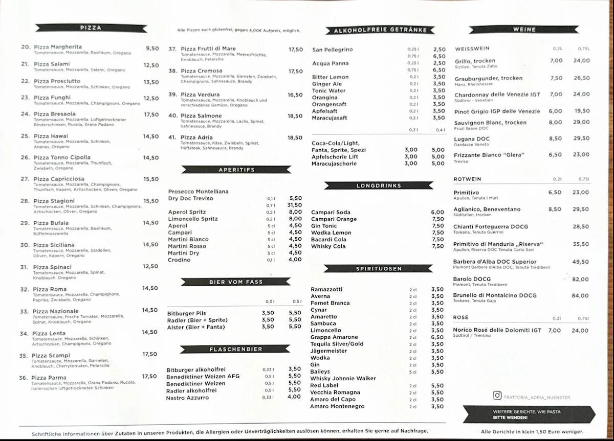 Speisekarte, Trattoria Adria