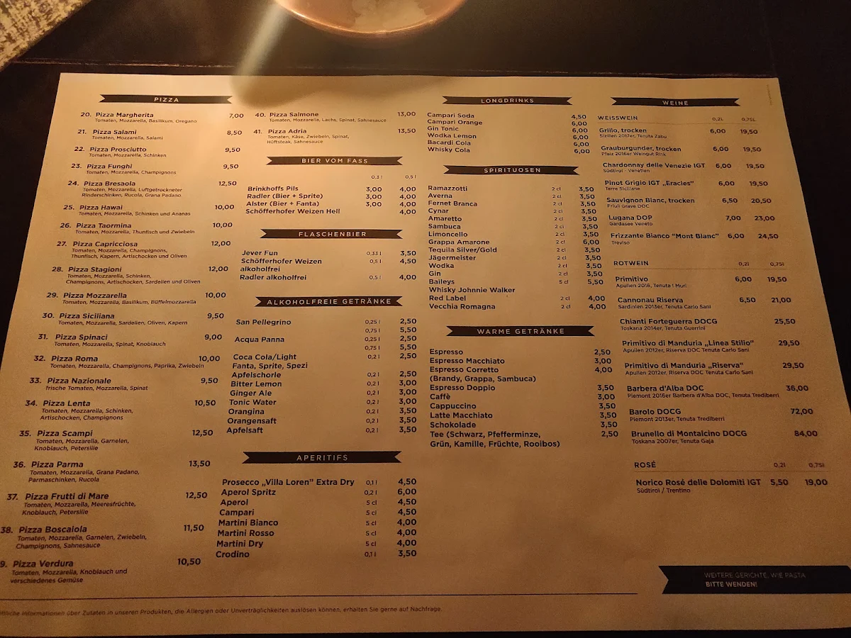 Speisekarte, Trattoria Adria