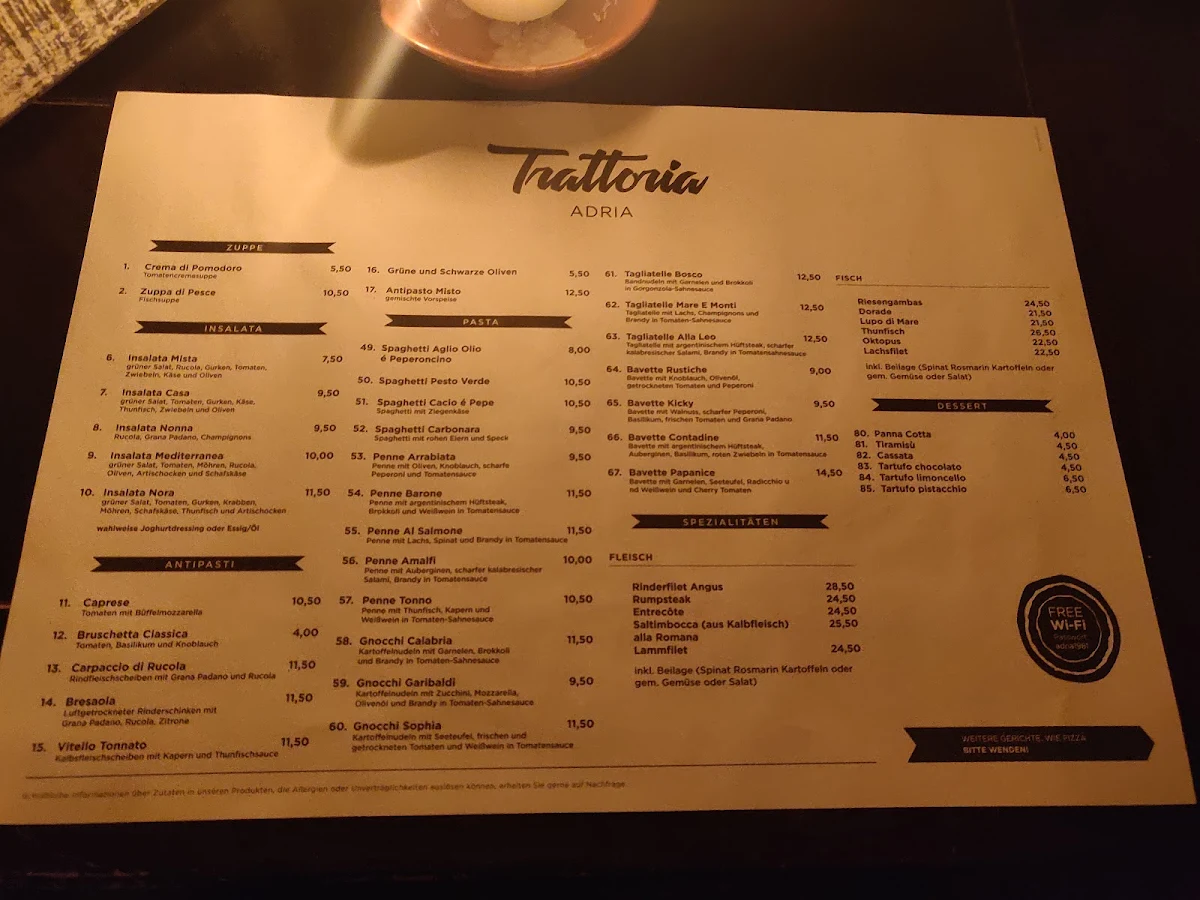 Speisekarte, Trattoria Adria