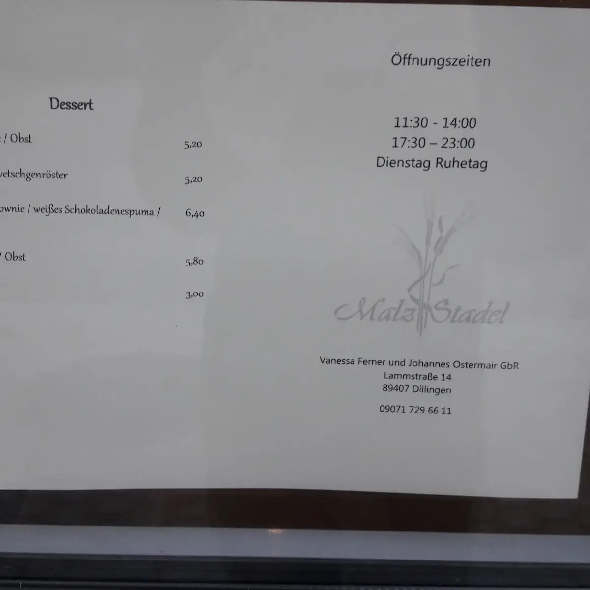 Speisekarte, Malzstadel