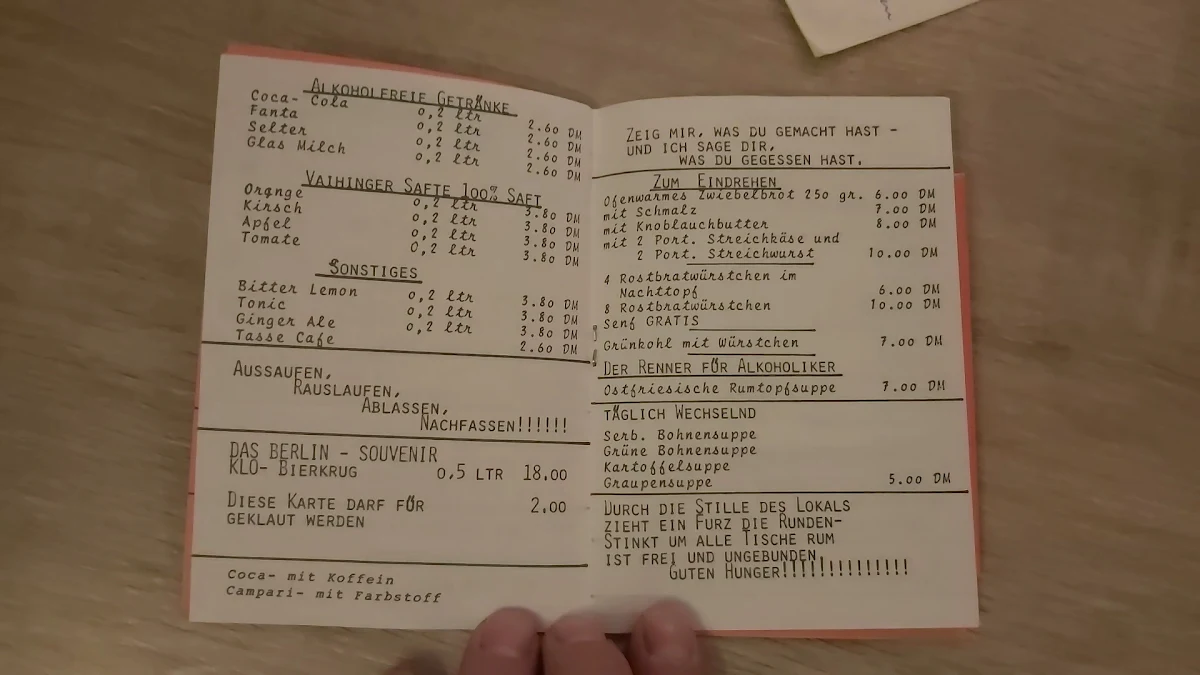 Speisekarte, Das KLO – Erlebniskneipe Berlin