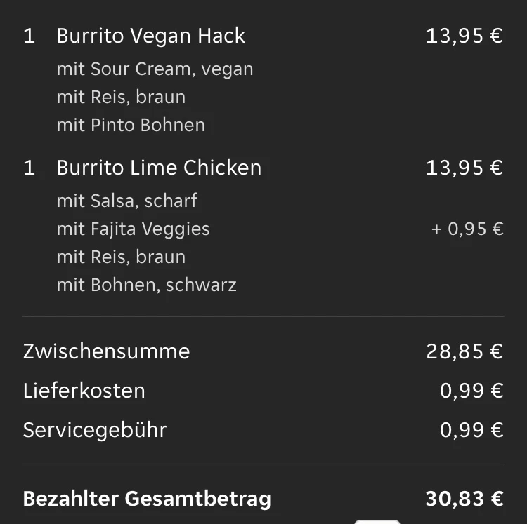 Speisekarte, Burrico Innenstadt