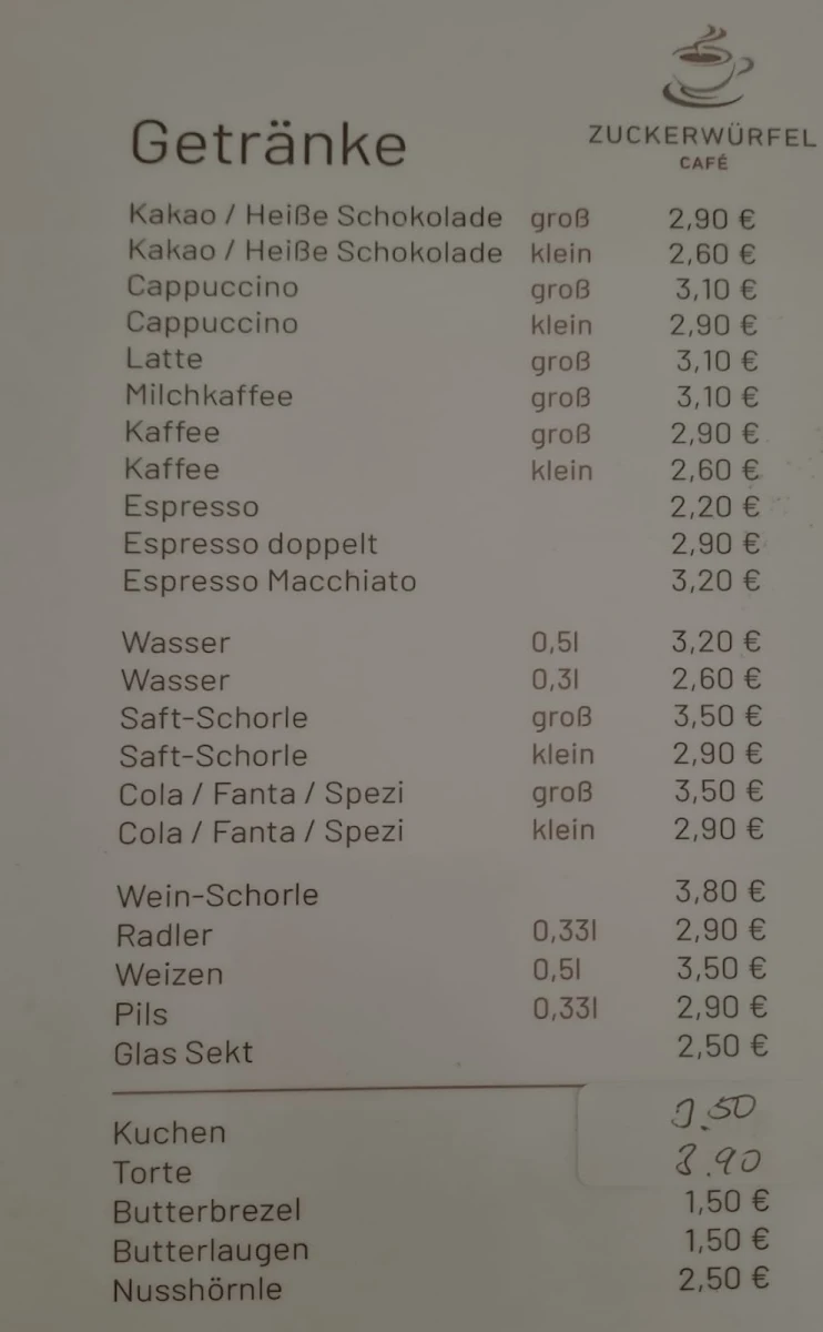 Speisekarte, Café Zuckerwürfel