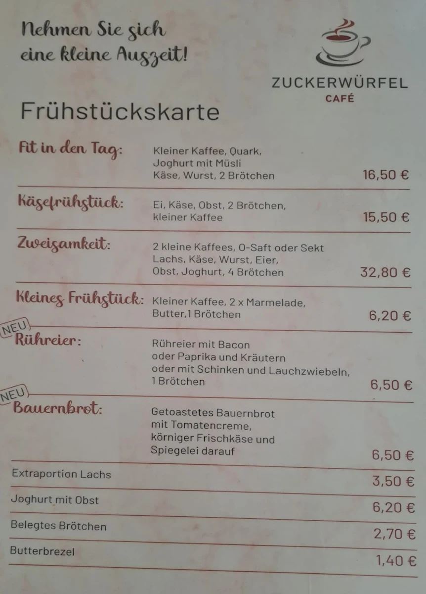 Speisekarte, Café Zuckerwürfel