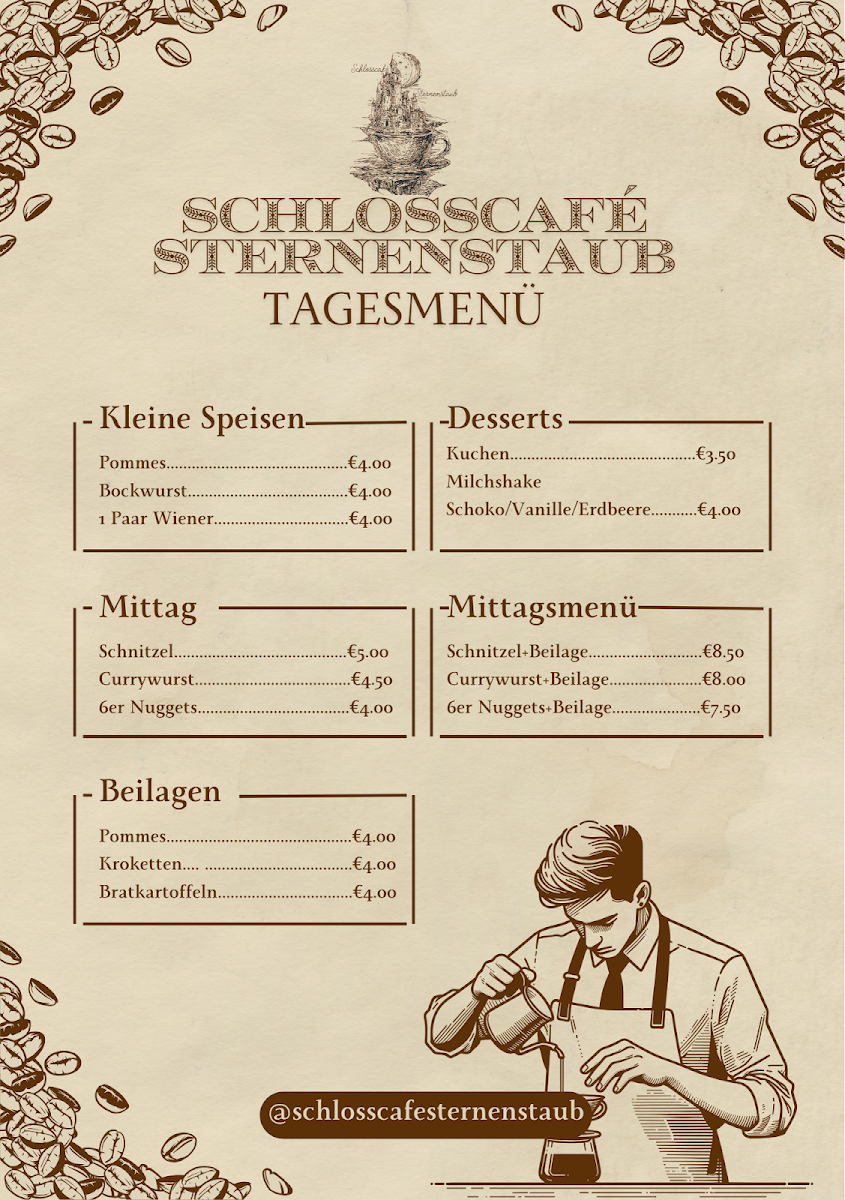 Speisekarte, Schlosscafé Sternenstaub