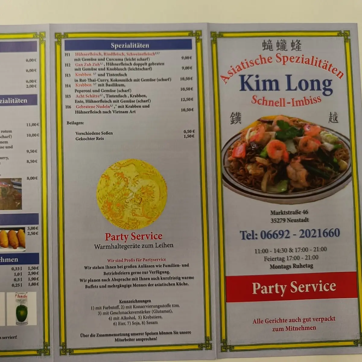 Speisekarte, Kim Long Asiatische Spezialitäten