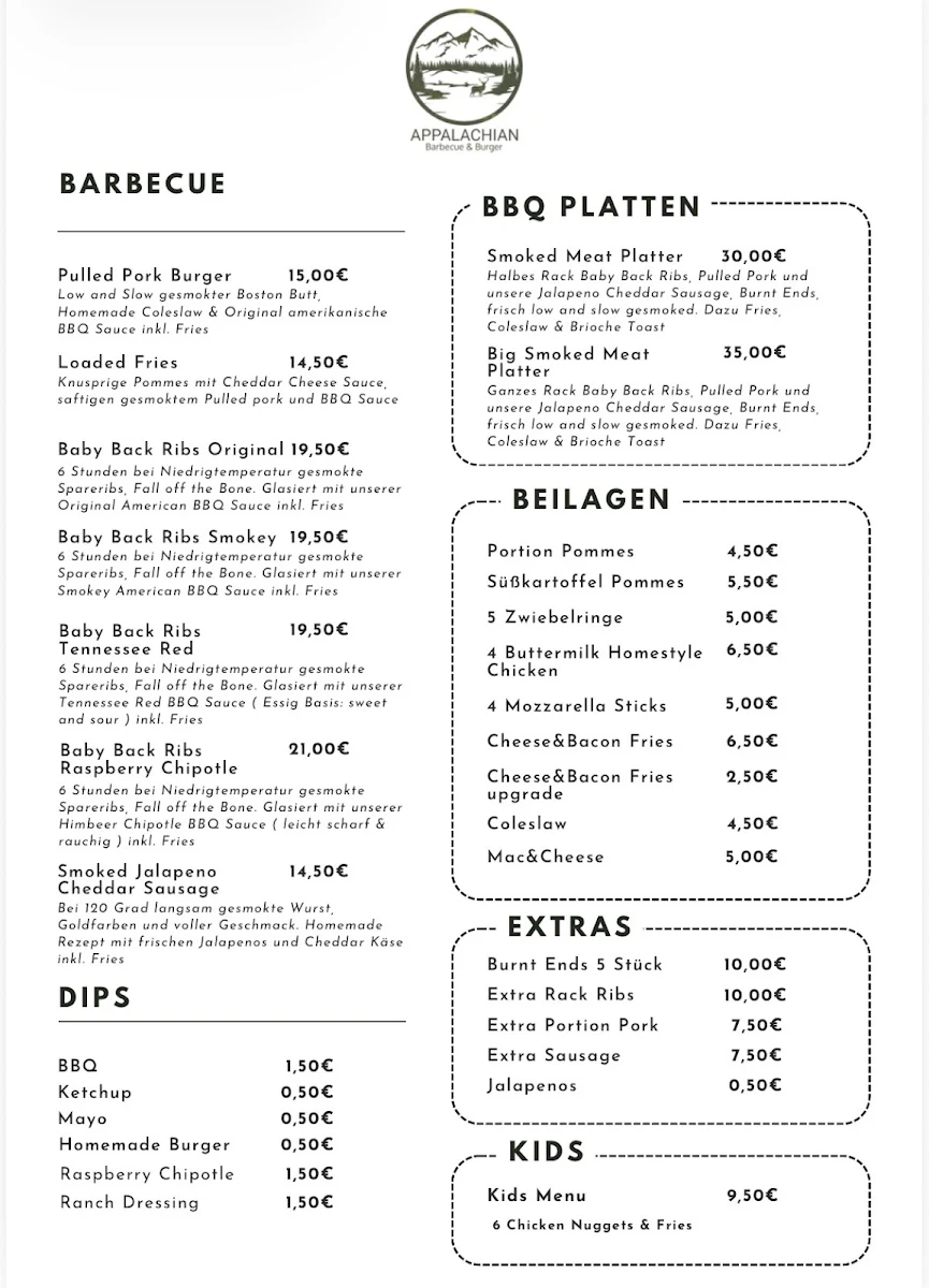Speisekarte, Appalachian Barbecue & Burger