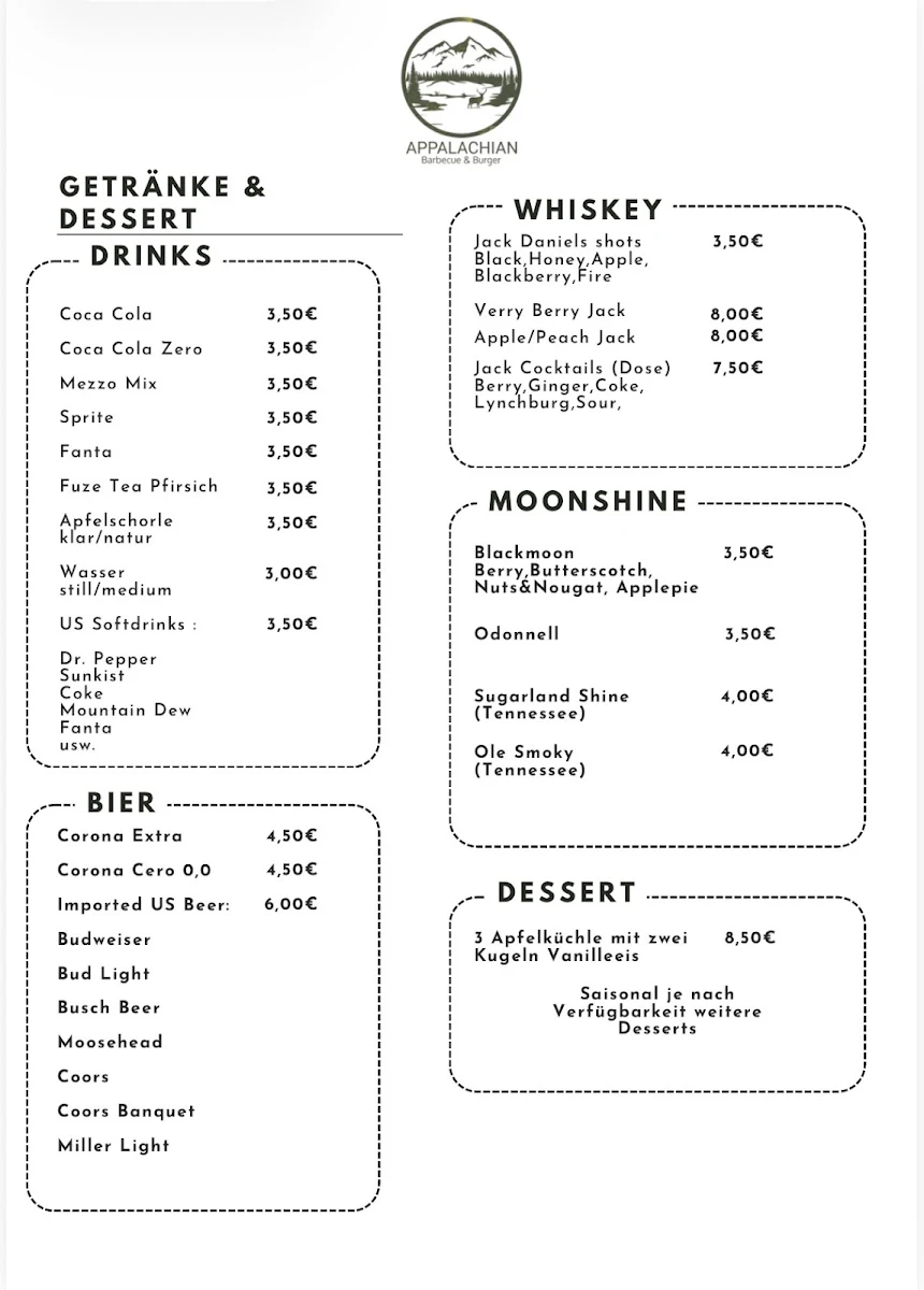 Speisekarte, Appalachian Barbecue & Burger