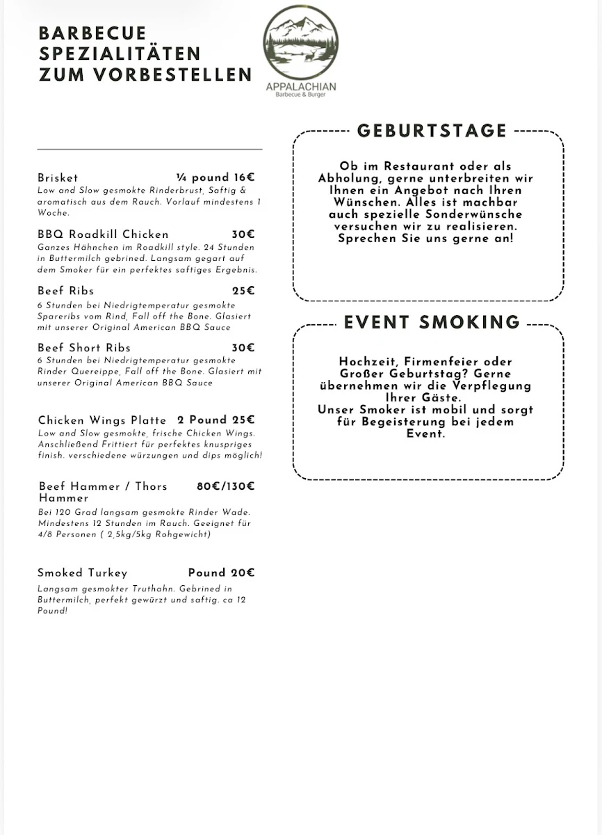 Speisekarte, Appalachian Barbecue & Burger