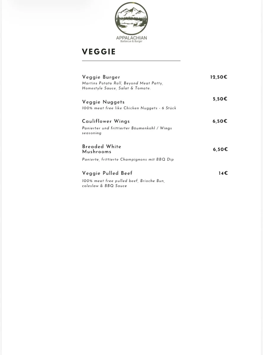 Speisekarte, Appalachian Barbecue & Burger