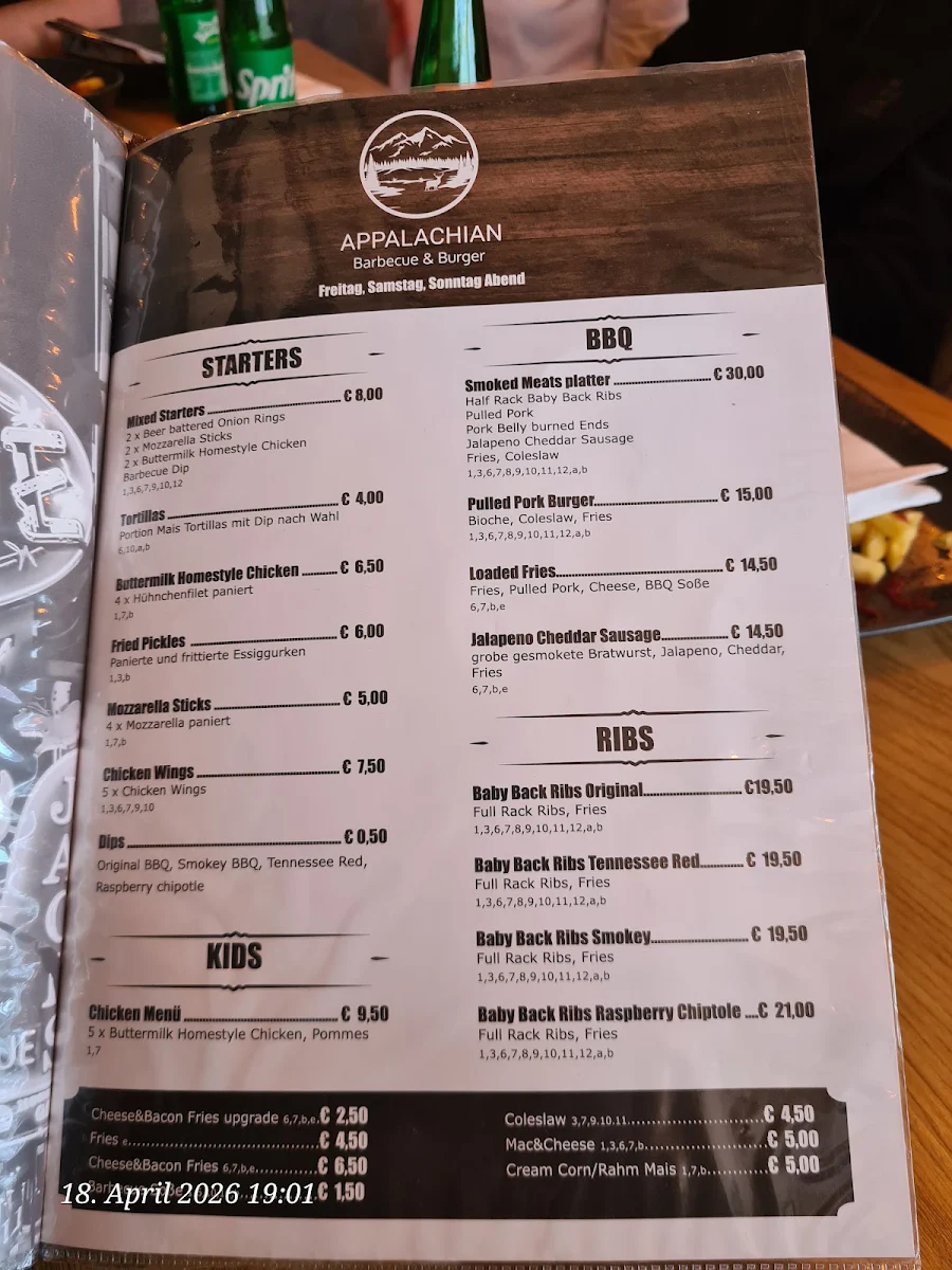 Speisekarte, Appalachian Barbecue & Burger