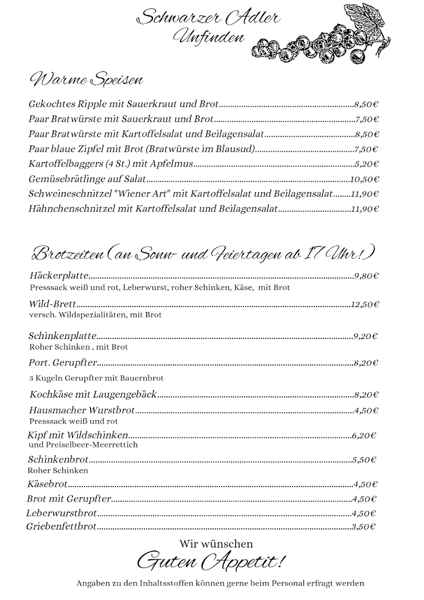 Speisekarte, Schwarzer Adler