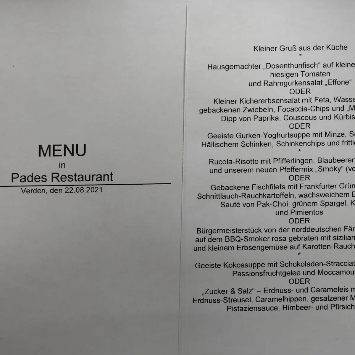Speisekarte, Pades Restaurant