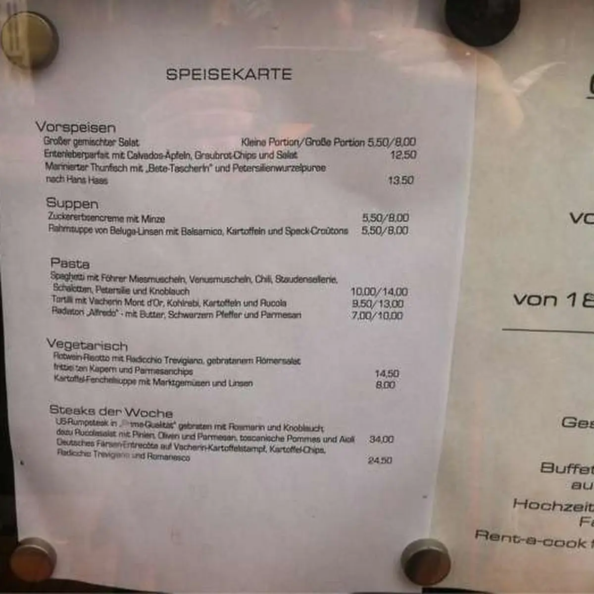 Speisekarte, Pades Restaurant