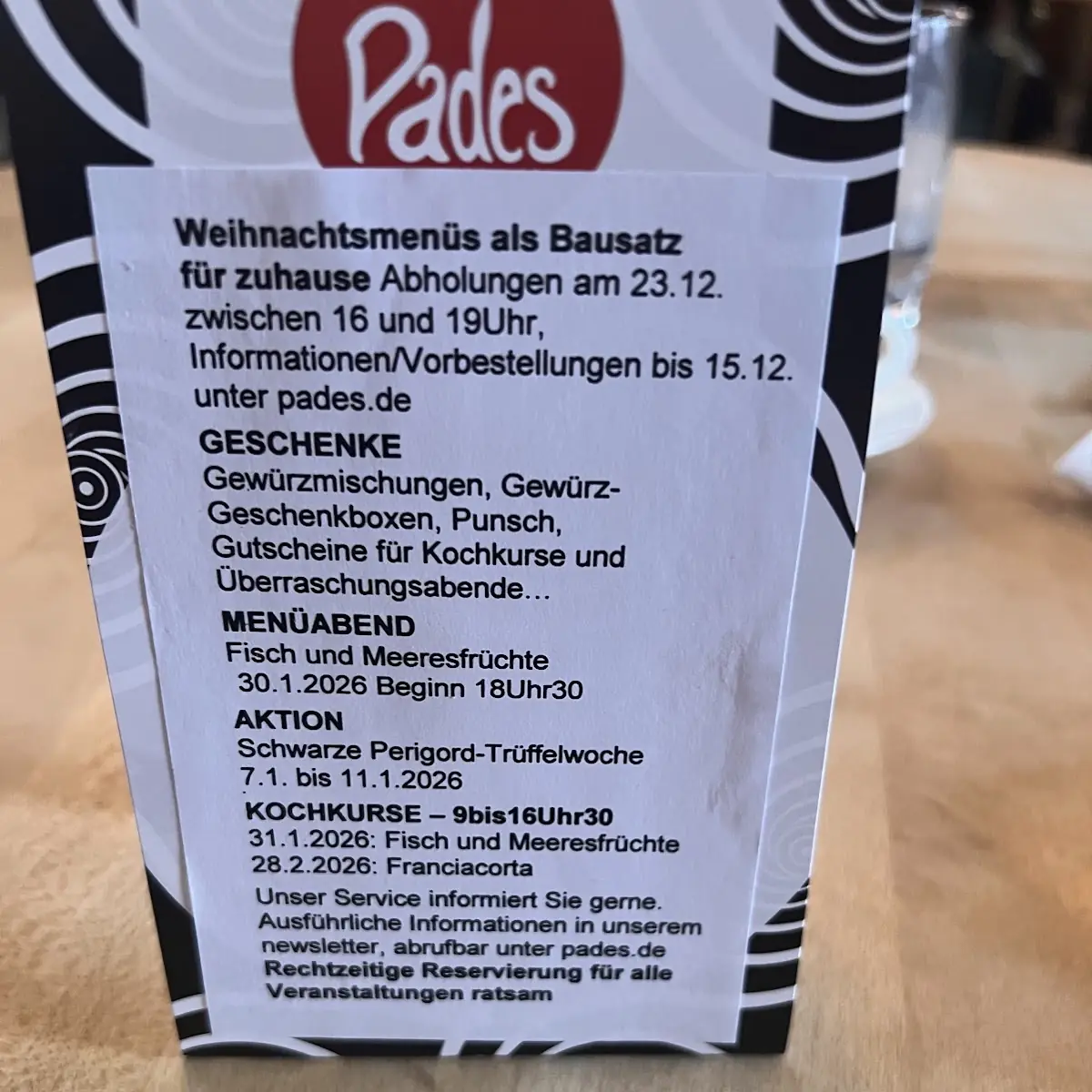 Speisekarte, Pades Restaurant