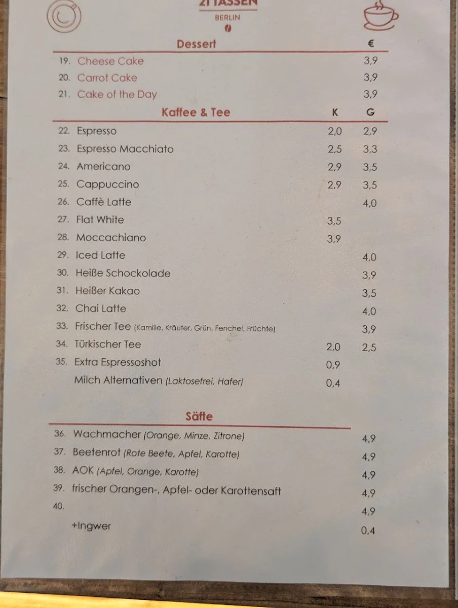 Speisekarte, 21 Tassen