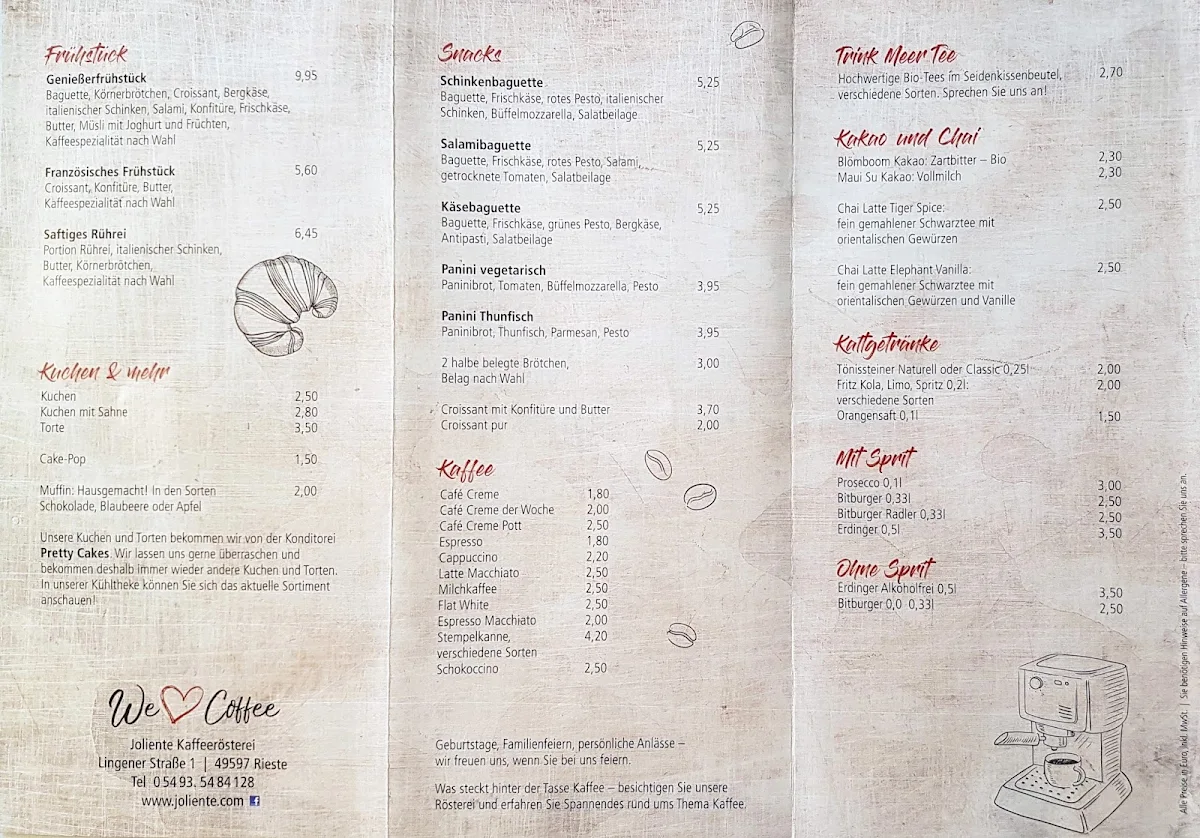 Speisekarte, Joliente Kaffeerösterei