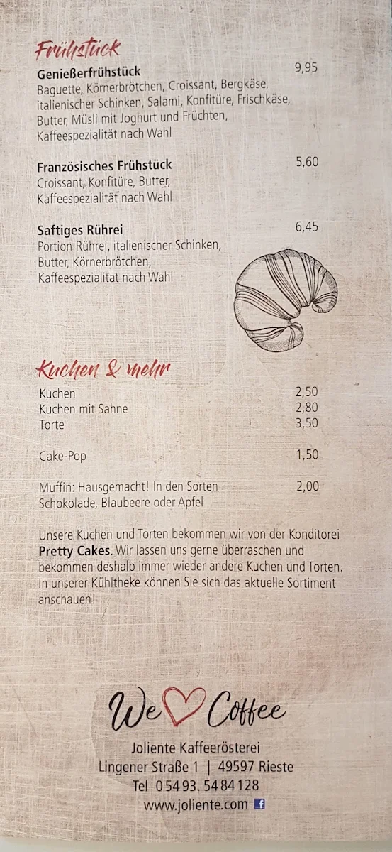 Speisekarte, Joliente Kaffeerösterei