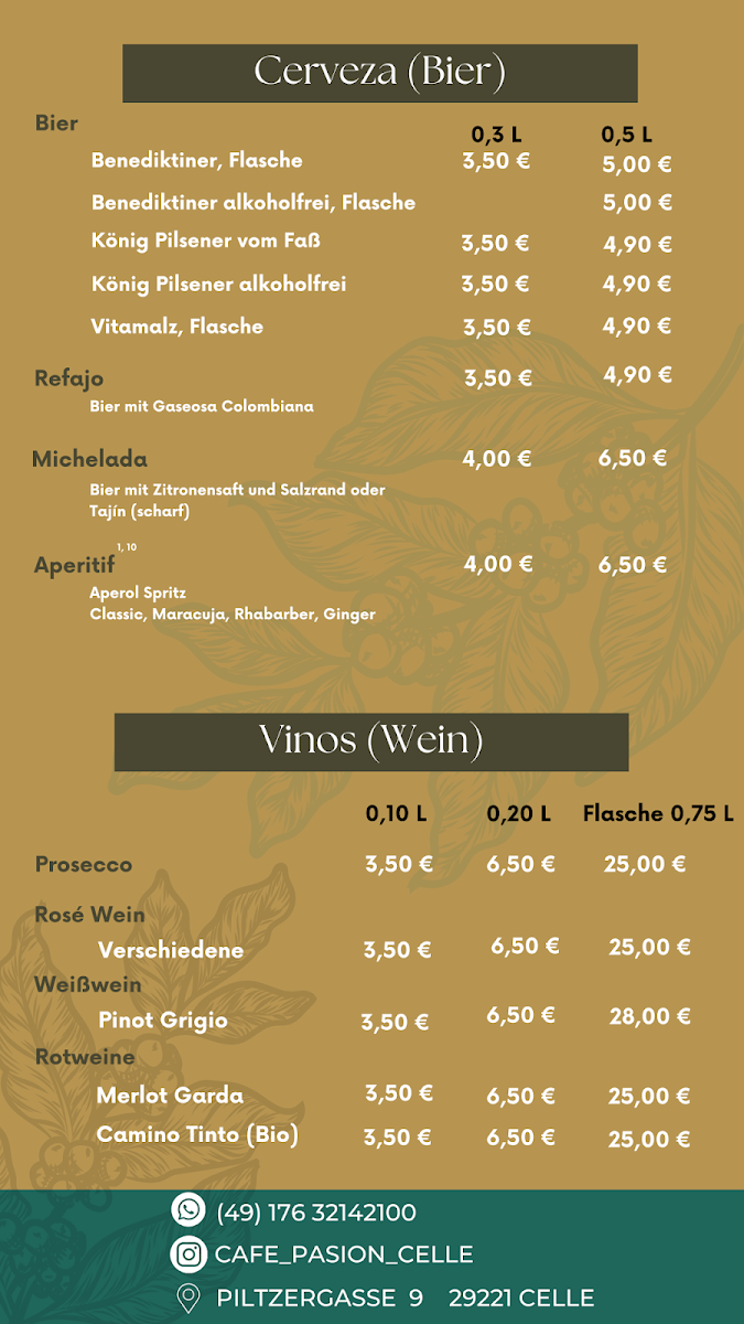 Speisekarte, Café Pasión