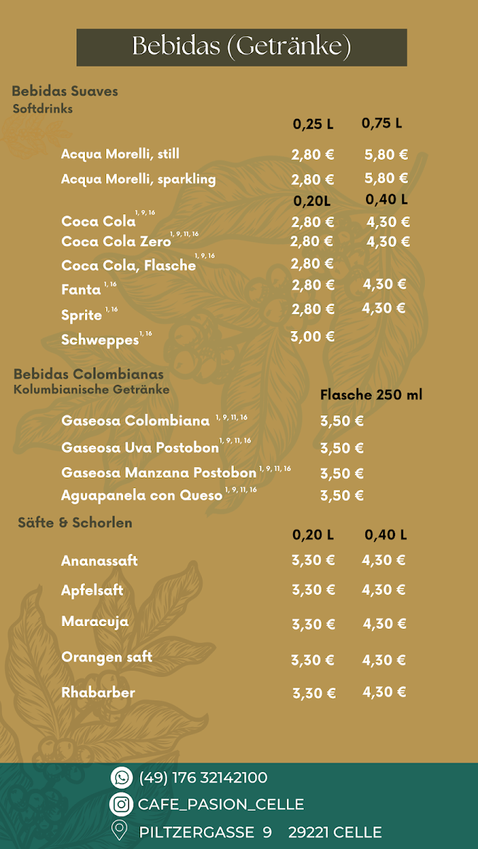Speisekarte, Café Pasión