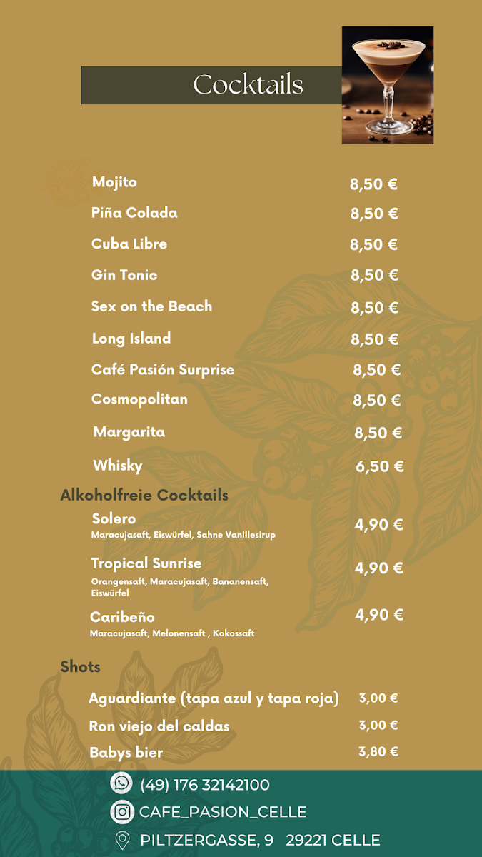 Speisekarte, Café Pasión