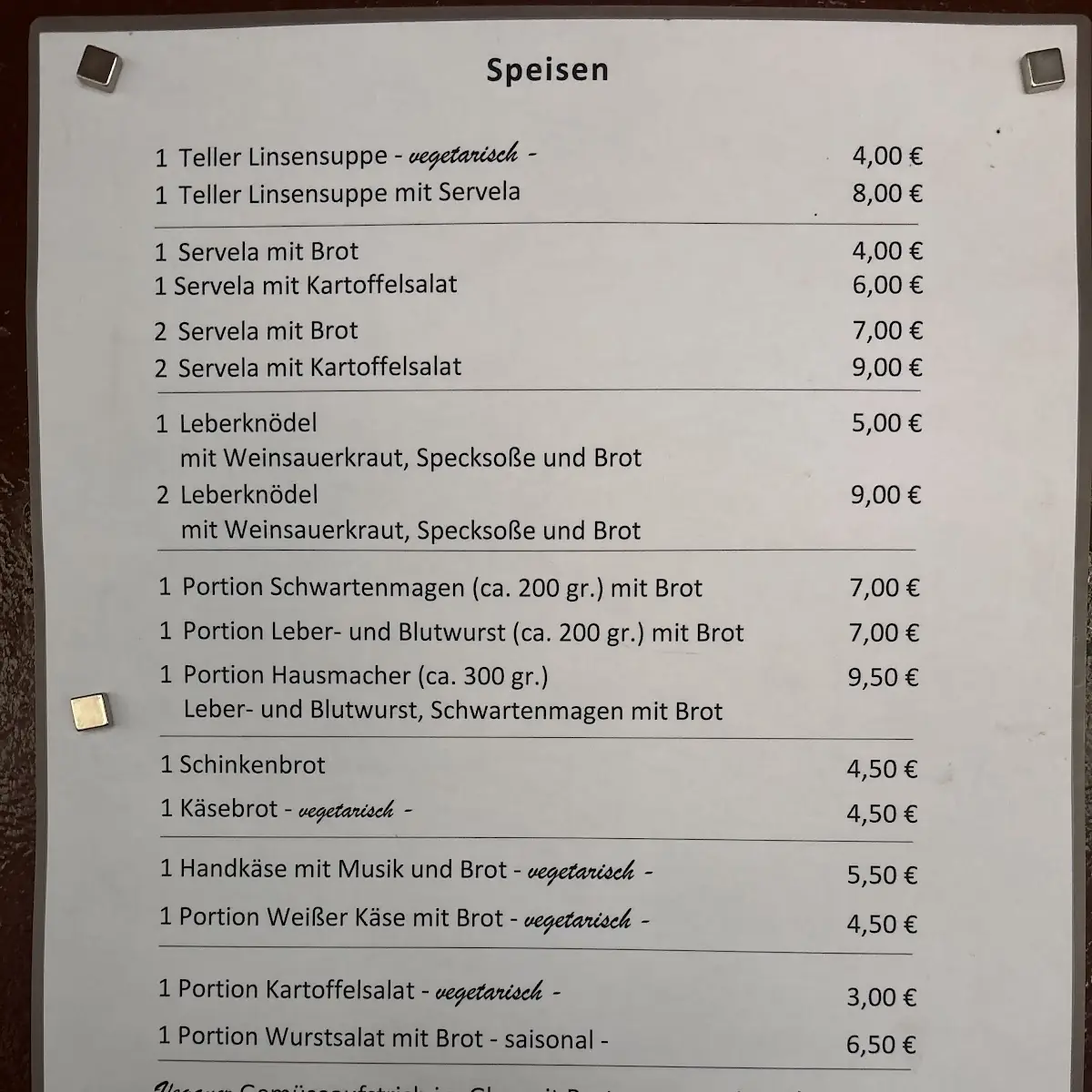 Speisekarte, St.-Anna-Hütte