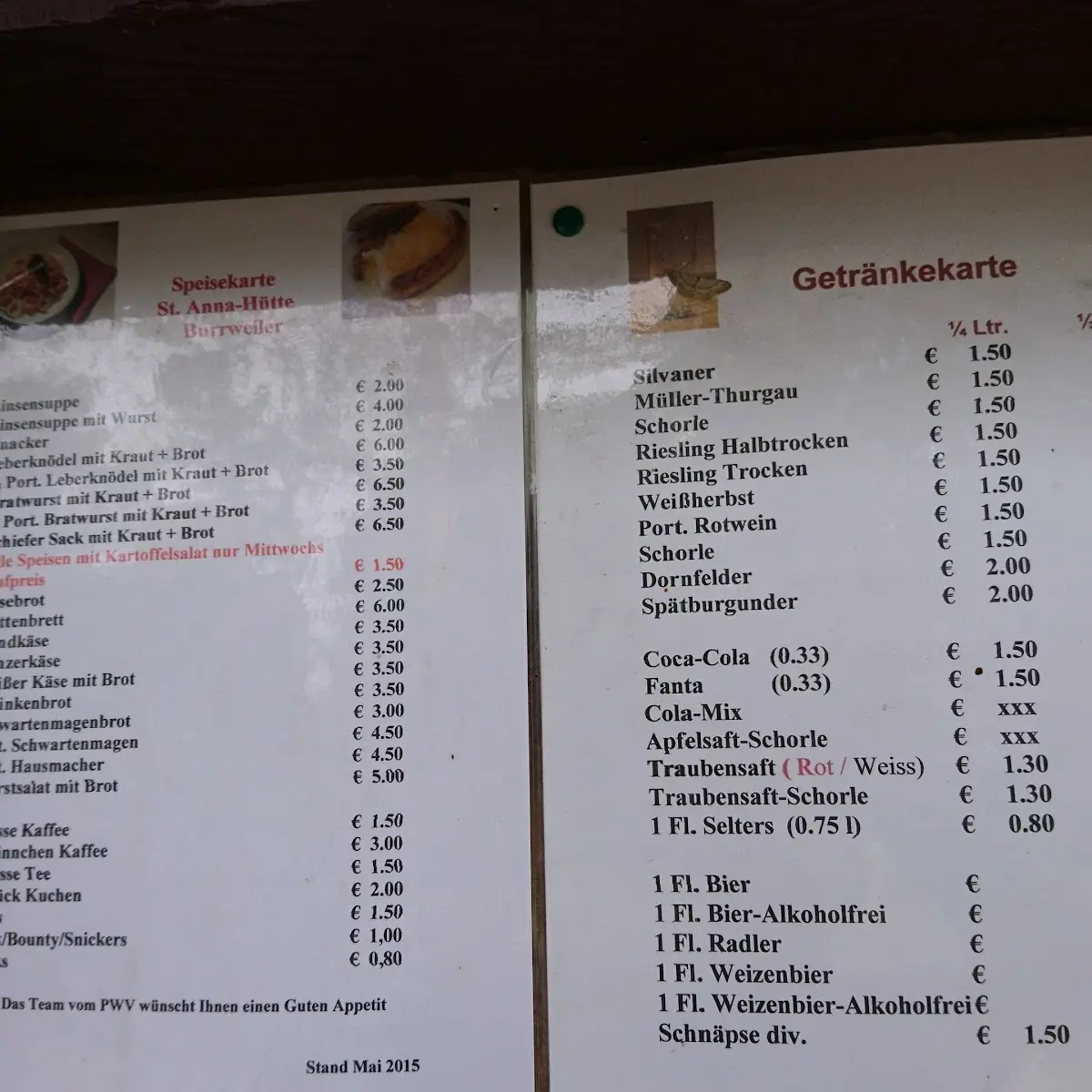 Speisekarte, St.-Anna-Hütte