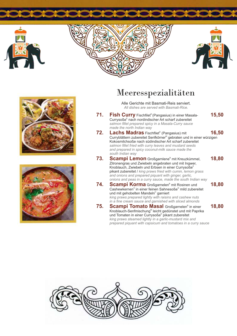 Speisekarte, Maharaja Palace Grimma