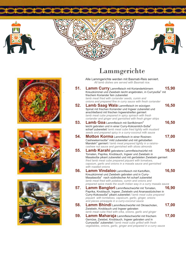 Speisekarte, Maharaja Palace Grimma