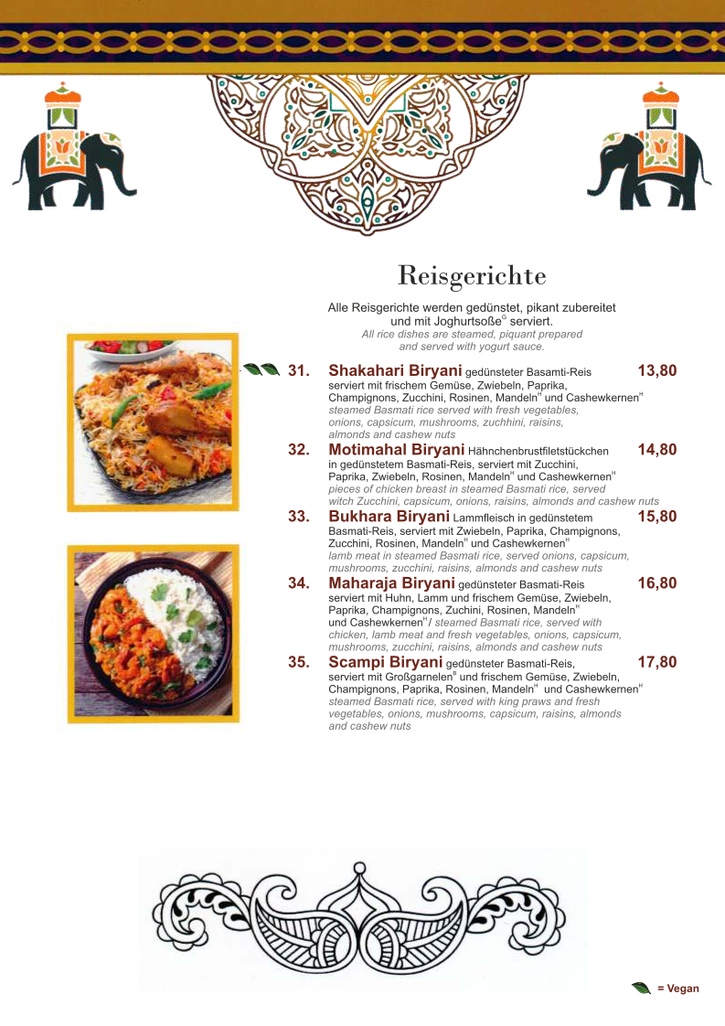 Speisekarte, Maharaja Palace Grimma